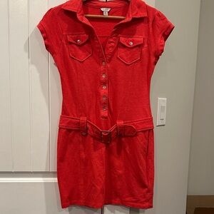 Guess Orange Red Button-Up Mini Dress with Belt